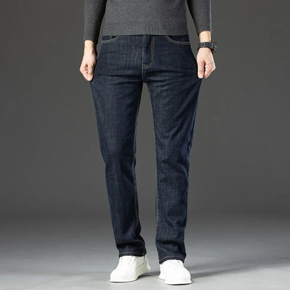 Winter Warm Fleece Jeans Men 2025 Straight Stretch Thick Casual Thermal Denim Pants Male Business Work Trousers New Men Clothing