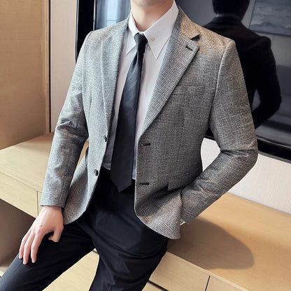 Bright Silk Thousand Bird Grid Suit Jacket Korean-style Business Fashion Slim Fit Single Breasted Men Social Party Dress Coats