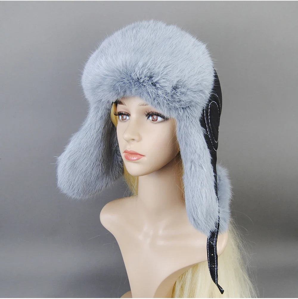 Hot Sale Winter Women's 100% Real Rabbit Fur Bomber Hat Ushanka Cap Trapper Russian Woman Ski Hats Caps Real Sheepskin Leather