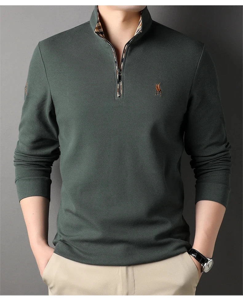 High end 100% cotton brand long sleeve T-shirt men's standing collar autumn fashionable embroidery Paul casual sports polo shirt