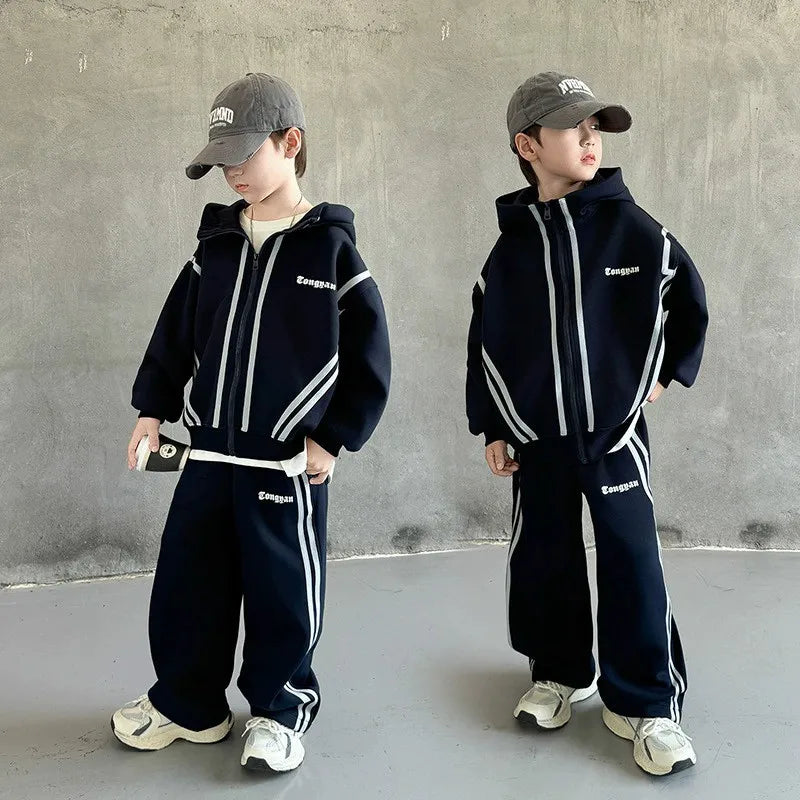 SpringAutumn Boys Navy Striped Zip Sweatshirt Jacket+Sweatpant Work Set School Kids 2PCS Tracksuit Children Jogger Outfit 5-16Yr