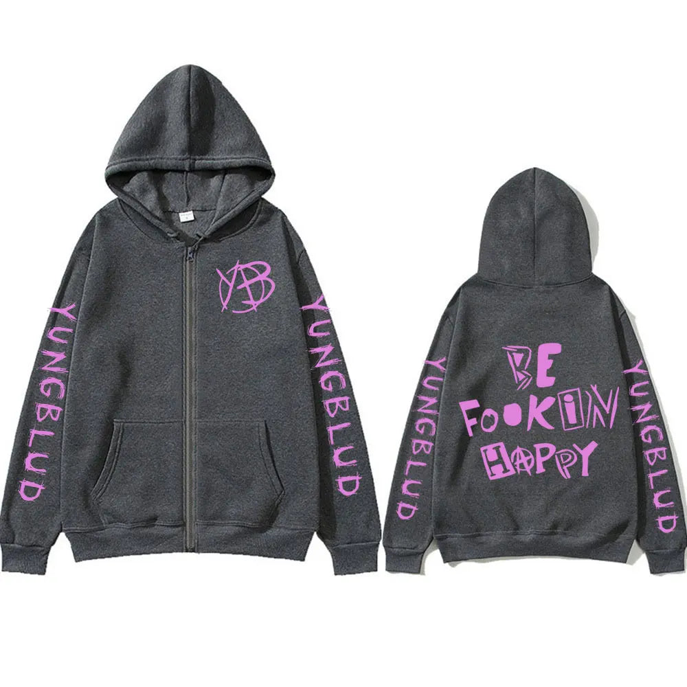 Rock Singer Yungblud Be Fookin Happy Zipper Hoodies Men Women Fashion Vintage Oversized Zip Up Sweatshirt Jacket Coat Streetwear