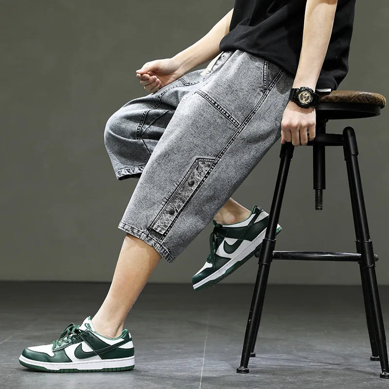 Korean Style Summer Men's Black Wide Leg Denim Shorts New Fashion Casual Baggy Short Jeans Male Plus Size 6XL 8XL YBR602