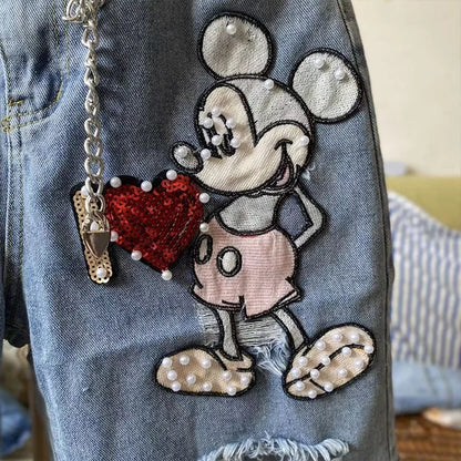 Supzoom New Arrival Loose Casual Summer Top Fashion Cotton Embroidery Beading Mickey Mouse Summer Denim Shorts