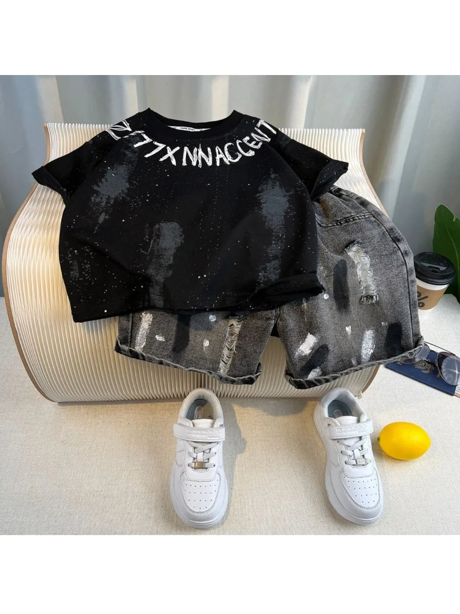 Korean Children's Summer Clothes Kids Set Outfits Boys 2026 Handsome Sleeveless&Short Sleeved T-shirt Denim Shorts 2-piece Set