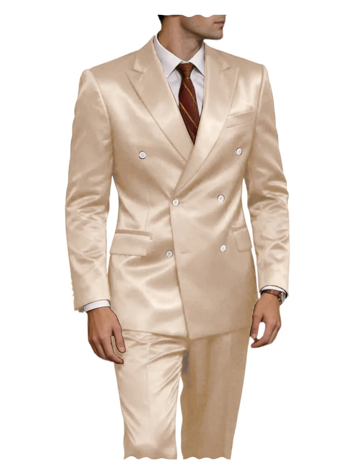 Luxury Men's Shiny Satin 2 Piece Suit Peak Lapel Double Breasted Jacket Pants Elegant Slim Fit Formal Tuxedo for Wedding Party