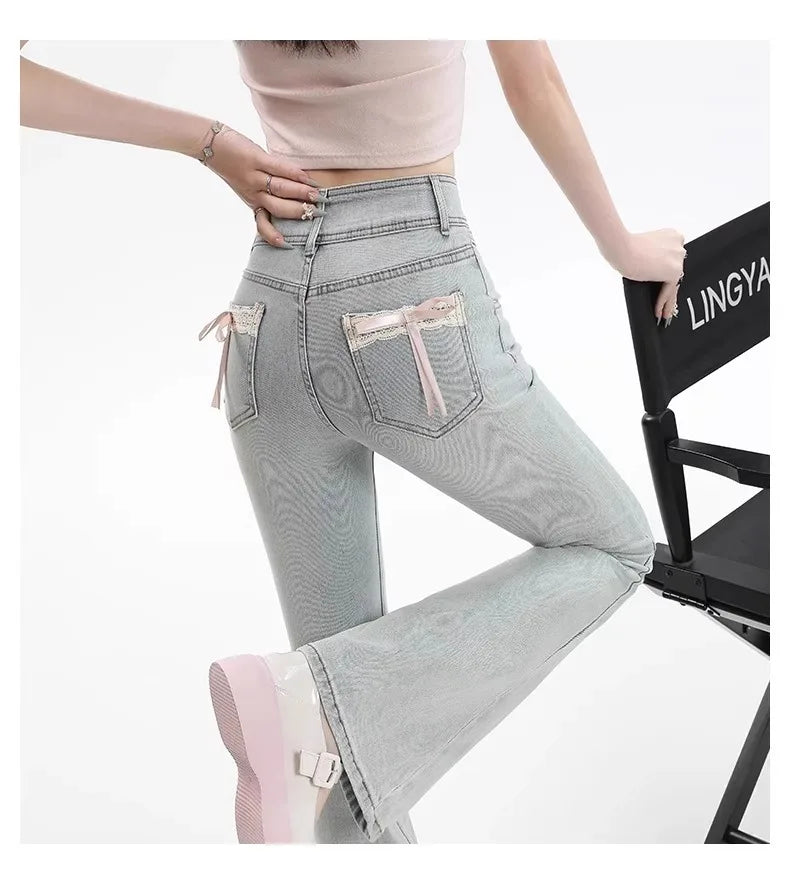 High Waist Bell Bot Denim Jeans Women's Light Color Peach Butt Design Slimming Fitted Floor Length  Hoof Pants