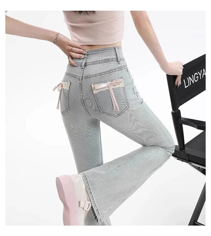 High Waist Bell Bot Denim Jeans Women's Light Color Peach Butt Design Slimming Fitted Floor Length  Hoof Pants