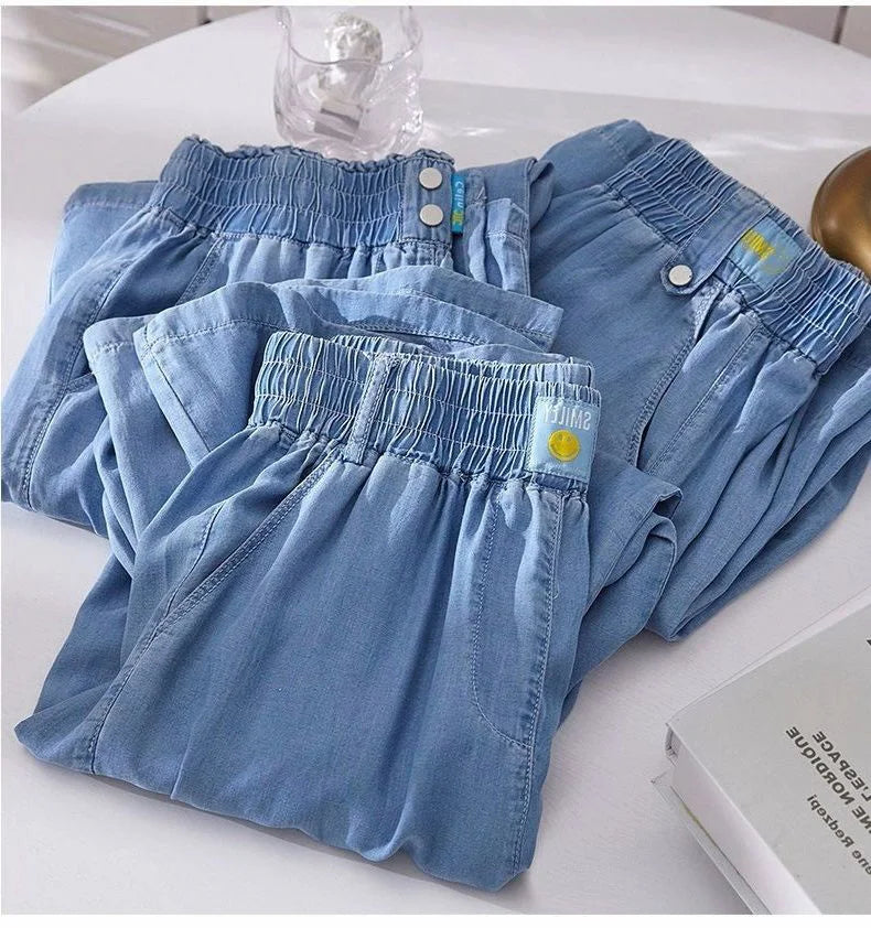Women's Ice Silk Denim Pants Yoga Sports Thin Loose Style Summer Casual Wide Leg Harajuku Loose Waist