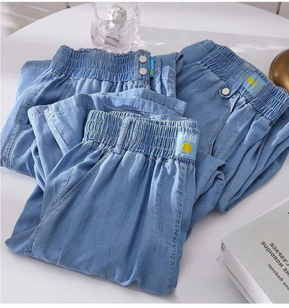 Women's Ice Silk Denim Pants Yoga Sports Thin Loose Style Summer Casual Wide Leg Harajuku Loose Waist