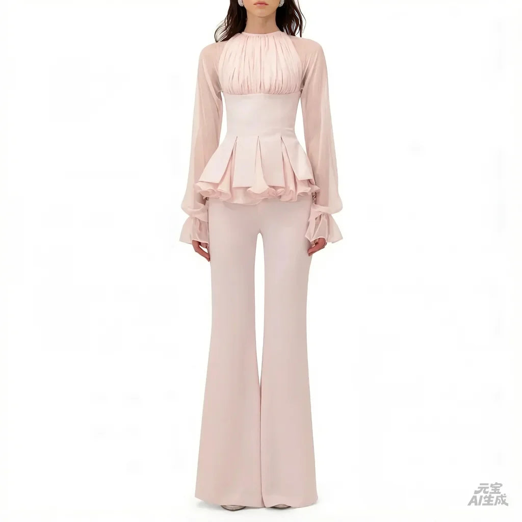 Customized Light Pink Elegant Pantsuit Evening Dresses Sheer Long Sleeves Wedding Party Dress Pleats Ruched Formal Prom Gown