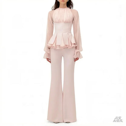 Customized Light Pink Elegant Pantsuit Evening Dresses Sheer Long Sleeves Wedding Party Dress Pleats Ruched Formal Prom Gown