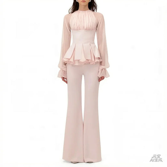 Customized Light Pink Elegant Pantsuit Evening Dresses Sheer Long Sleeves Wedding Party Dress Pleats Ruched Formal Prom Gown