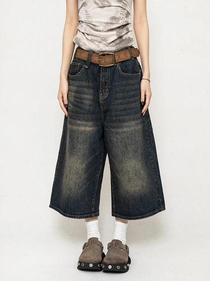 High Waist Black Retro Washed Denim Shorts Women's Harajuku Vintage Fashion Casual Loose Y2K Streetwear Mid Long  Wide Leg Pants