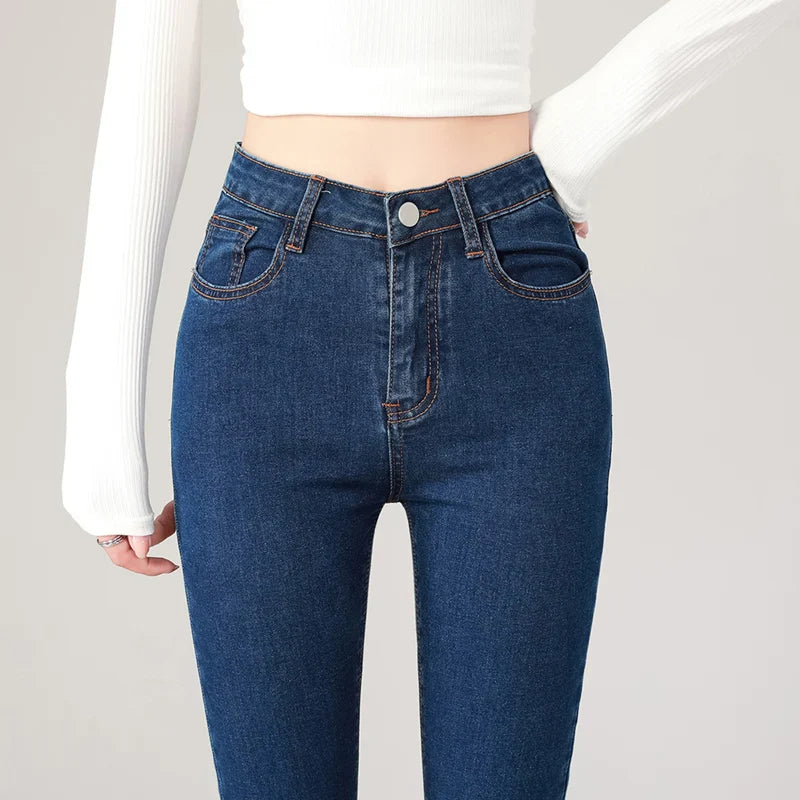 2024 Sexy Women Blue Slim Skinny Denim Jeans High Waist Elastic Mom Jeans Stretch Washed Pencil Pants Streetwear Tight Trousers