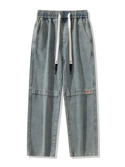 8XL New Retro Blue Men's Jeans Large Size String Banding Wide Leg Denim Pants Cotton Casual Straight Jean Trousers 6XL 7XL