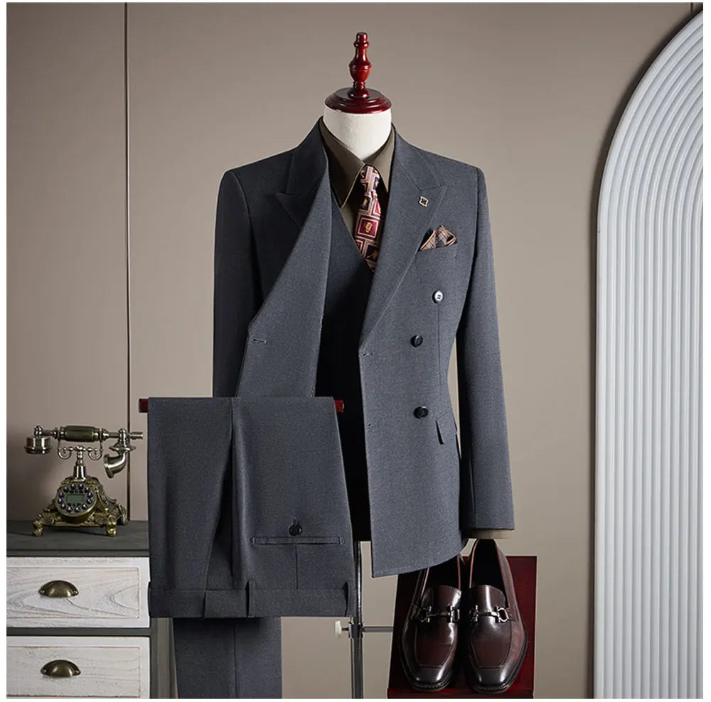 High-quality Groom Wedding Suit, Fashionable and Stylish Dress, Men's Business Double-Breasted Suit Set, Men's Three-Piece Set