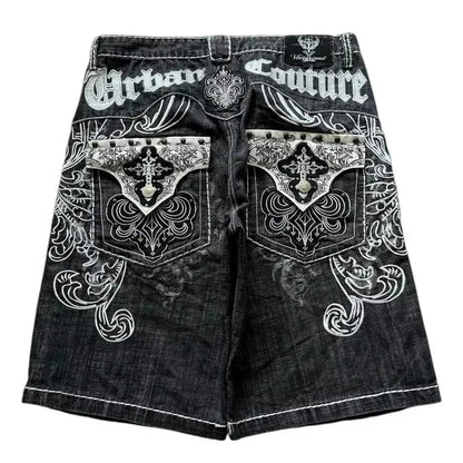 2026 American New Geometric Cherry Blossom Embroidery Wash Jeans Shorts Women Y2K Gothic Hip Hop Popular Casual Joker Shorts
