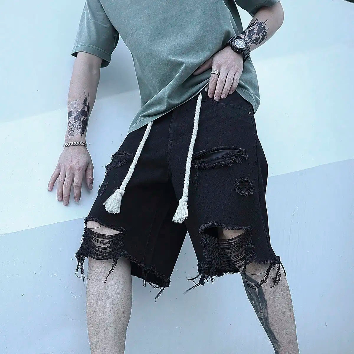 Men Summer Stretchy Denim Shorts Jeans for Men Streetwear Style Ripped Denim Shorts with High Stretch Knee Baggy Comfort Pants