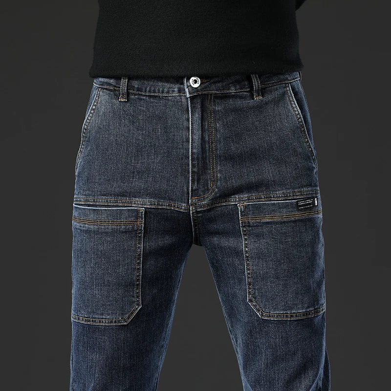 6 Pocket Design Denim Jeans Men's 2025 New High Elasticity Denim Casual Trousers Straight Male Pants Fashion Mid-waist Jeans