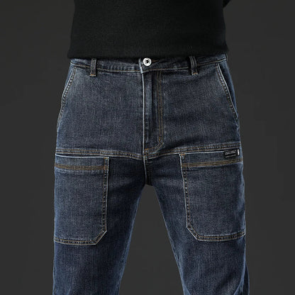 6 Pocket Design Denim Jeans Men's 2025 New High Elasticity Denim Casual Trousers Straight Male Pants Fashion Mid-waist Jeans