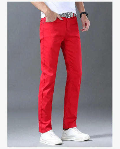 Men Classic Version Slim Stretch Trousers Clothing Red Straight Jeans Fashion High Quality Casual  Denim Pants Male 36 40