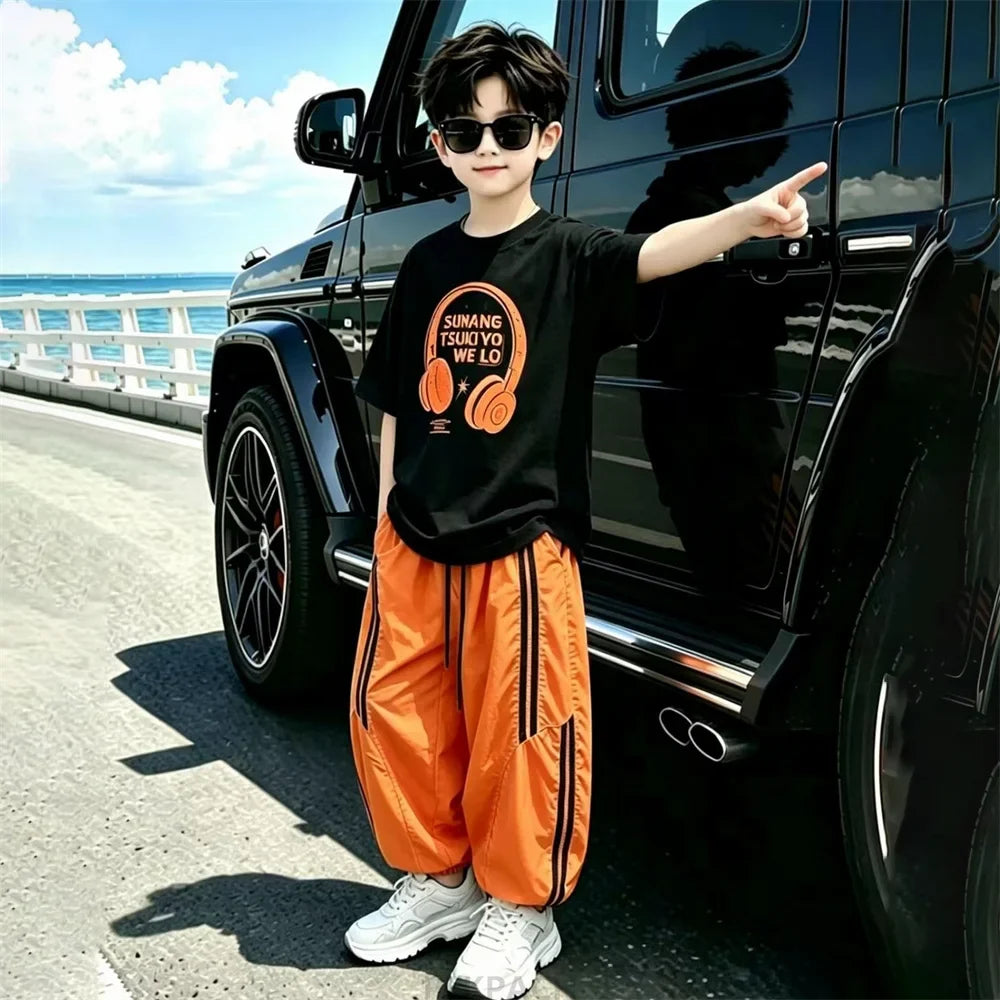 Street Style Children Luxury Summer Outfit Top And Bottom Set for Teen Boys T-shirt Pants Suit Kids Fashion Streetwear Clothes