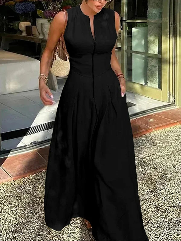 Office Lady Commute Pleated A-line Dress 2026 New Summer Fashion Solid Color Sleeveless Zipper Evening Maxi Dresses