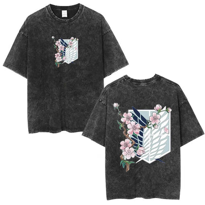 Anime Attack on Titan Washed T-Shirt Ackerman Mikasa Eren Jaeger Cherry Blossom Graphics Logo T Shirt Men Women Cotton T Shirts