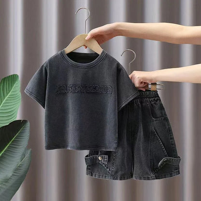 Toddler Boys 2Pcs Summer Outfits Letter Short Sleeve T-Shirt Washed Denim Shorts Set Kids Boys Casual Streetwear Clothes 2-6Year