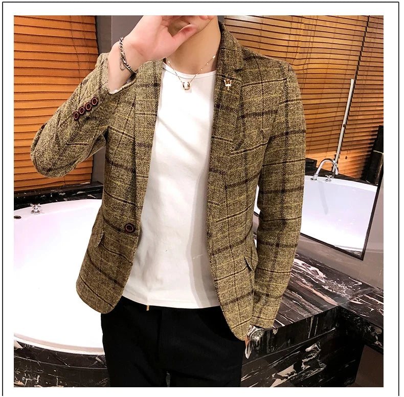 Men Checked Suit Jacket 2023 Spring New Linen Slim Suit Jacket Fashion One-button Business Casual Jacket Large M-5XL Suit Jacket
