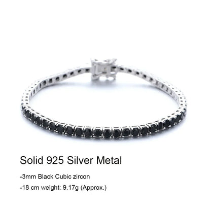 Solid 925 Silver Tennis Bracelet 3mm Black Cubic Zircon Chain Jewelry for Women Men Gift