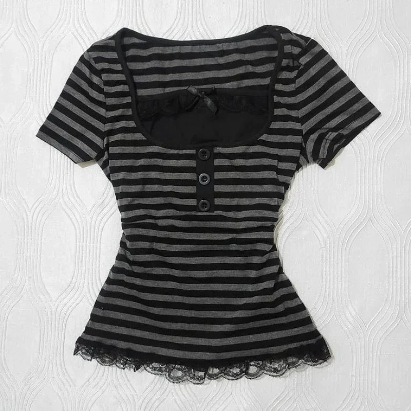 Gothic Harajuku Y2K Women's Crop Top Casual Slim Fit Striped Lace Bow Button Design Short Sleeve T-Shirt Chic Trendy Streetwear