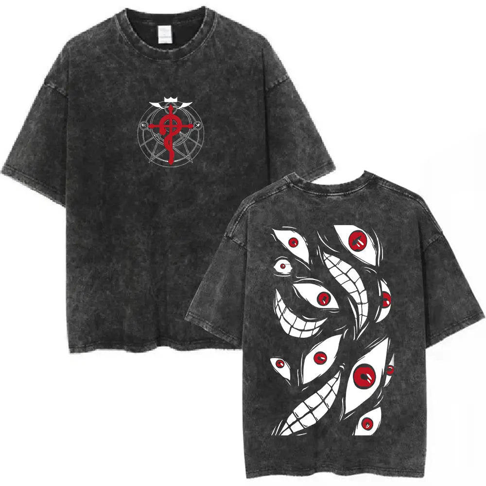 Anime Fullmetal Alchemist Washed T Shirts Edward Elric Alphonse Elric T-Shirt Men's Women Fashion Casual Oversized T-shirts Tops