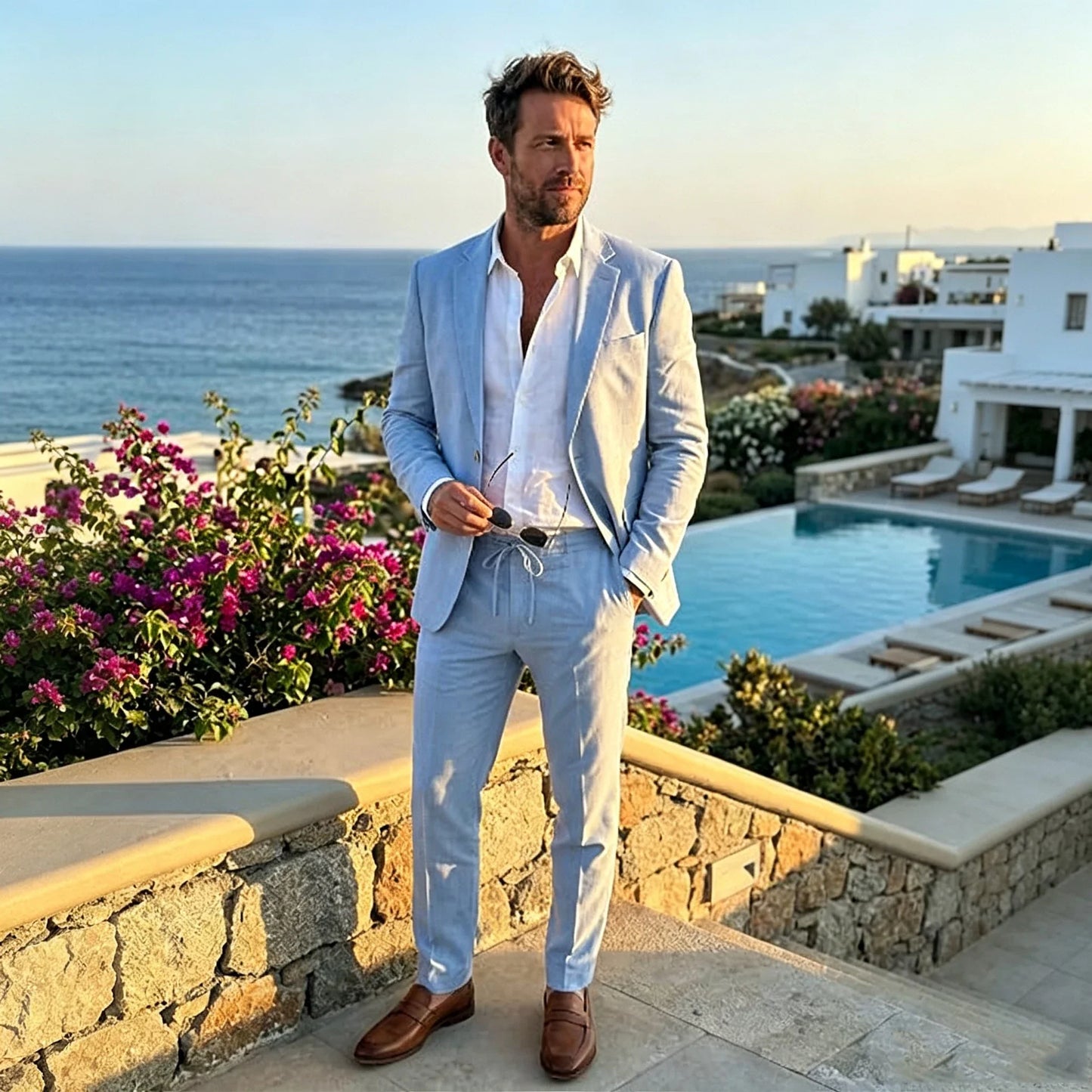 Men's Linen Suit 2 Piece Set Blazer & Drawstring Pants Business Casual Suit Jacket Trousers Summer Beach Wedding Formal Outfit