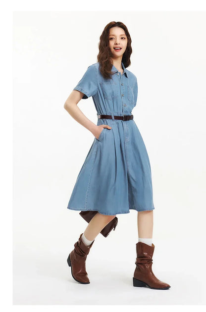 Denim Dress Women Waist Defining Button Down 2025 Summer New Cooling Midi Dress Casual Chic