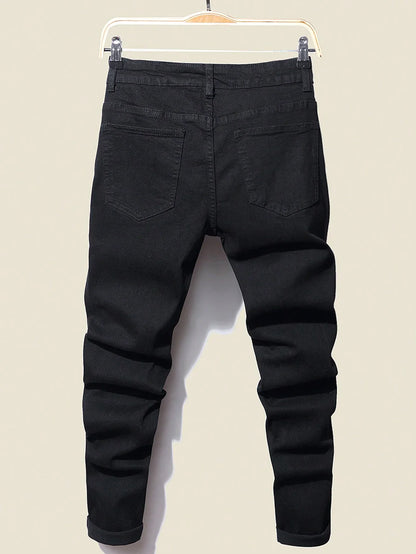 Men's Stretchy Ripped Denim Jeans Slim Fit Straight Trousers Elastic Waist Patchwork Holes Tearing Streetwear Casual Pants