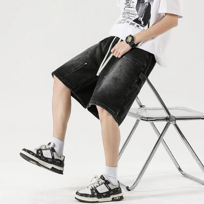 Fashion Streetwear Men's Denim Shorts Summer Loose Vintage Harajuku Splicing Hip-hop Cargo Moto Short Jeans Black Blue