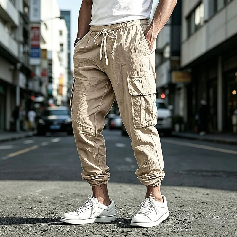 Men's Cotton Linen Blend Cargo Jogger Pants Elastic Waist Drawstring Multi Pockets Casual Breathable Streetwear Trousers for Men