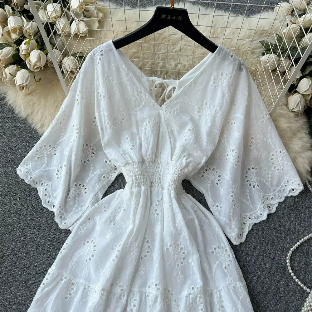 White/Purple/Blue V Neck Summer New Lace Embroidery Dress Women Short Sleeves Dresses Female Vintage Party Beach Midi Dresses
