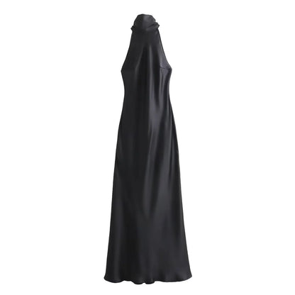 Dress for Women Fashion 2024 Autumn New Bow Sexy Backless French Elegant Halter Neck Satin Texture Midi Dresses
