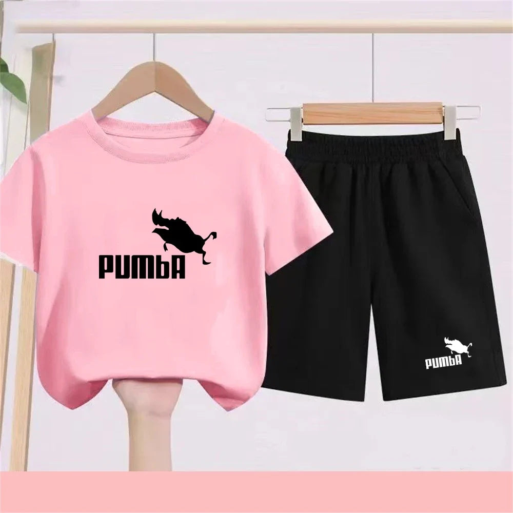 Summer Rabbit Graphics Boys Black Girls Pink Age 3-12 Tee+Shorts Suit Children Short Sleeve T-shirts Child  Casual Clothes