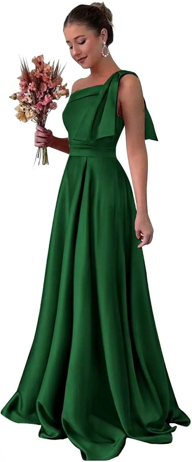 One Shoulder Large Bow Bridesmaid Dress with Pleated Satin and Pockets Simple ,Stylish Ball Dressadies' Guest One Shoulder Dress