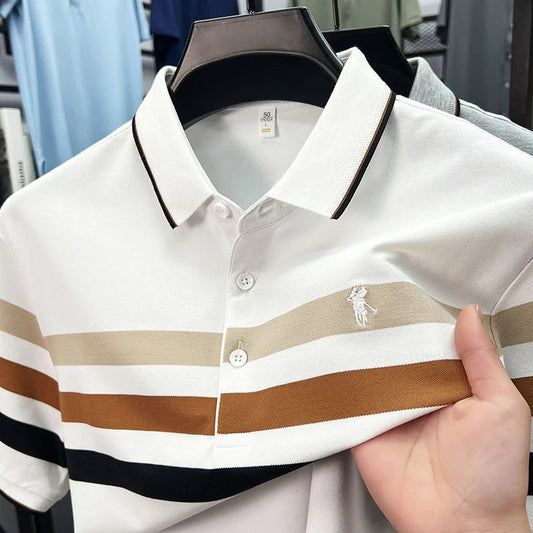 Boutique cotton short sleeve men's polo shirt 2025 summer fashion striped high-end flip collar top casual youth business T-shirt