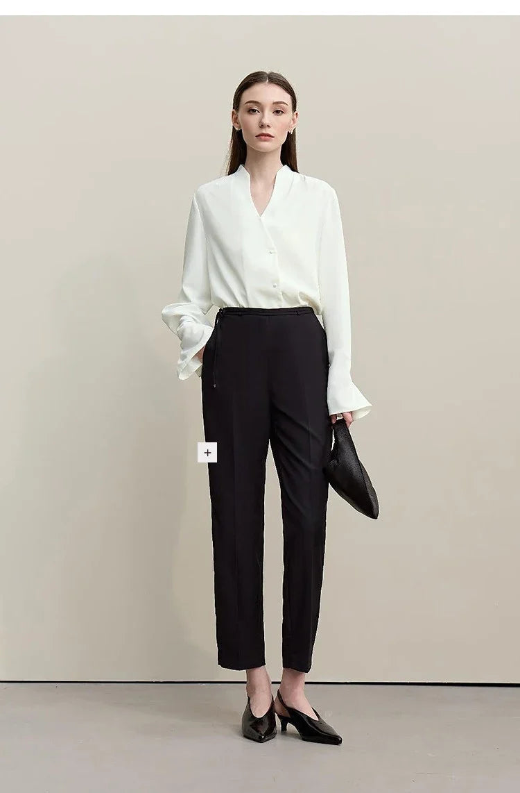 Elegant Women's Blouse 2026 Autumn New V-Neck Pleated Flared Sleeve Chiffon Shirt Women's Loose Long Sleeve Top 12641070