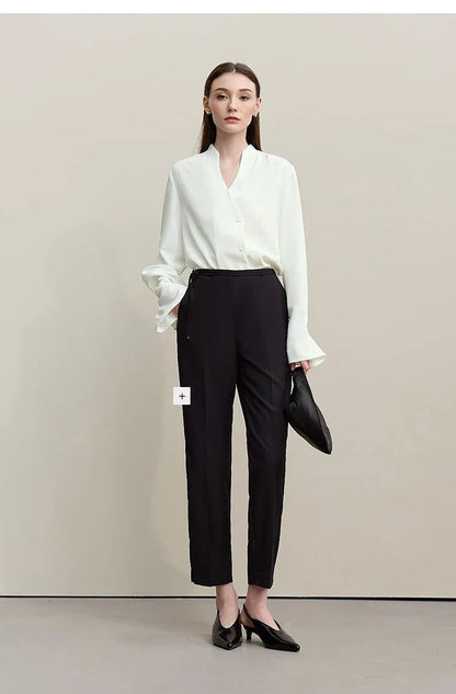 Elegant Women's Blouse 2026 Autumn New V-Neck Pleated Flared Sleeve Chiffon Shirt Women's Loose Long Sleeve Top 12641070