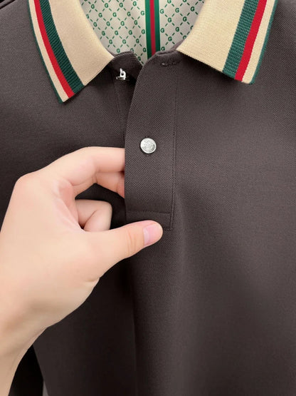 Luxury advanced  brand men long sleeve polo shirt unique stripe color blocked lapel fashion letter embroidery casual new T-shirt