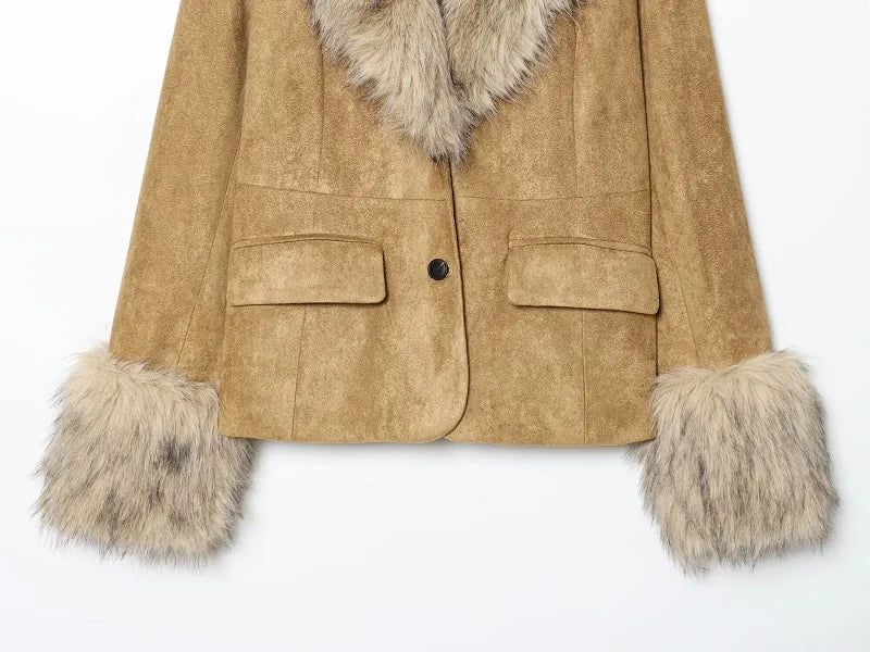 Faux Fur Suede Blazers for Women Faux Leather Women's Tailoring Blazers Winter Luxury Woman Blazer Fitted Coats and Jacket