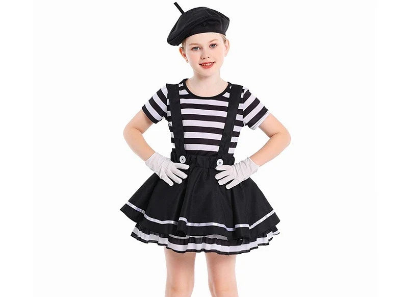 Mime Costume Clown Cosplay Clothing Girls Stage Performance Skirt T-shirt Hat Gloves Halloween Carnival Party Suit ﻿