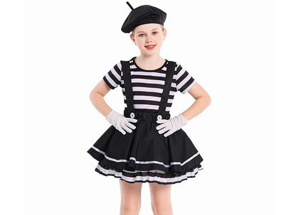 Mime Costume Clown Cosplay Clothing Girls Stage Performance Skirt T-shirt Hat Gloves Halloween Carnival Party Suit ﻿